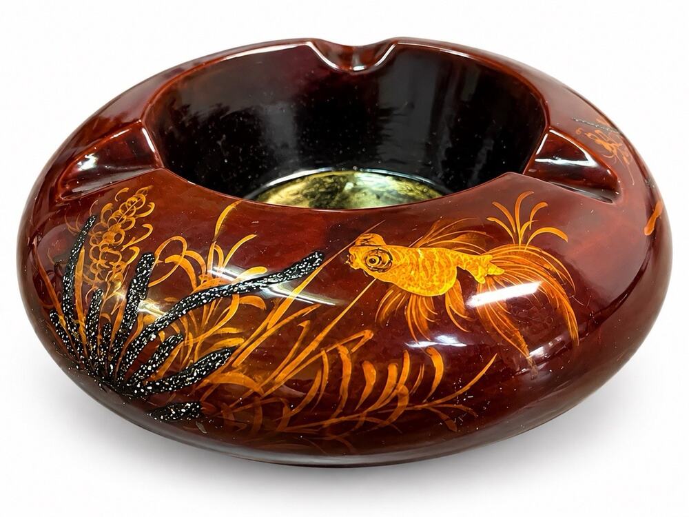 Vintage Japanese Lacquer Koi Fish Ashtray Brass Insert 6.5” Asian Decor
